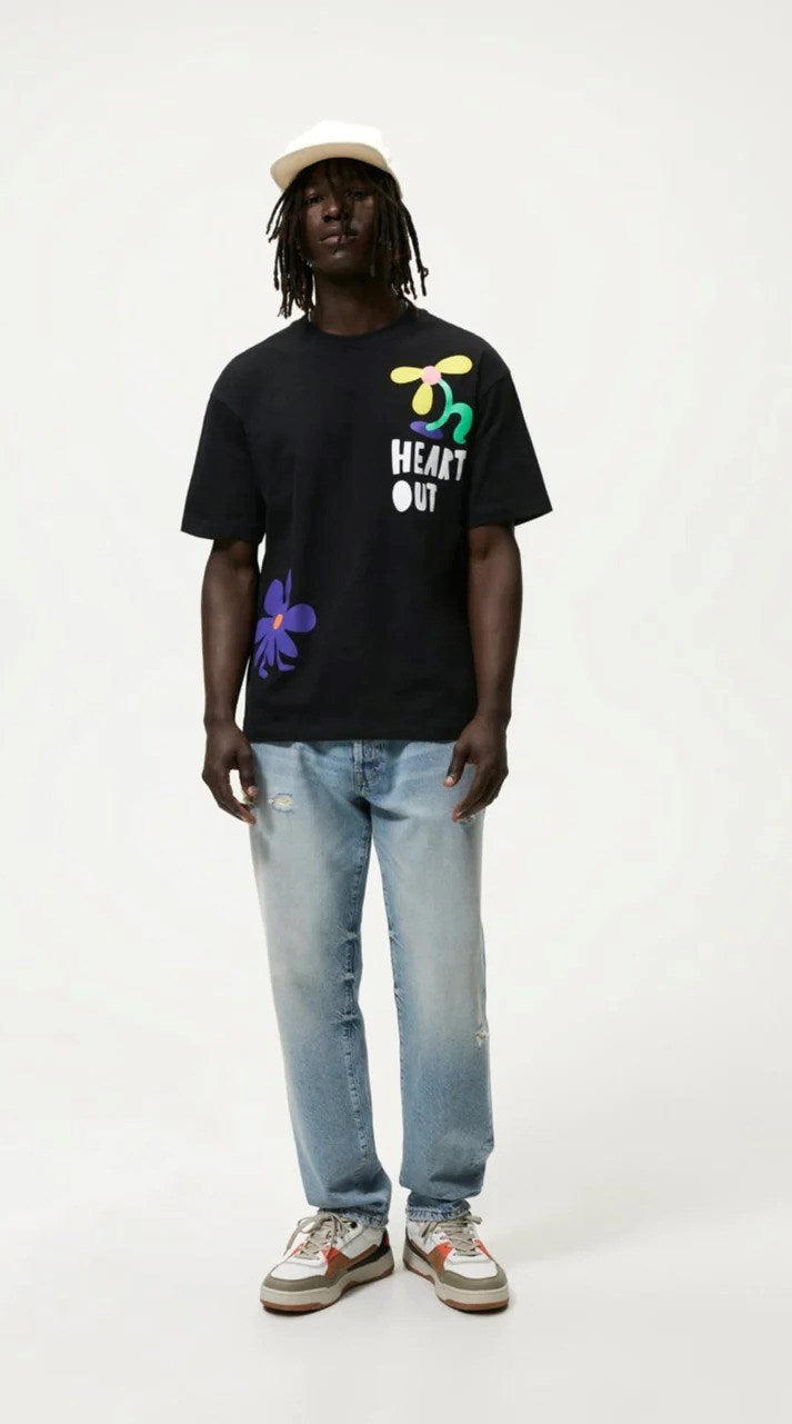 Bisiklet Yaka Heart's Out Baskılı Siyah Oversize Erkek T-shirt