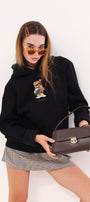 Siyah Kapüşonlu Puantiyeli Ayıcık Baskılı Oversize Unisex Sweatshirt