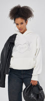 Amor Yazılı Taş Baskılı Kapüşonlu İçi Polar Oversize Beyaz Sweatshirt