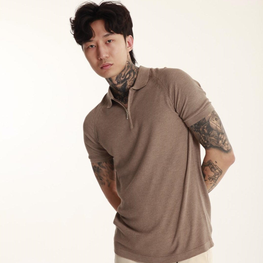 The Champ Polo Yaka Fermuarlı Triko Örme Vizon Erkek T-shirt