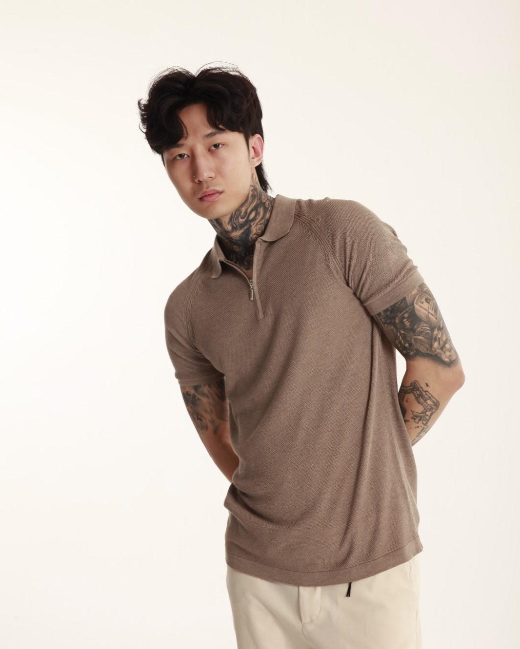 The Champ Polo Yaka Fermuarlı Triko Örme Vizon Erkek T-shirt