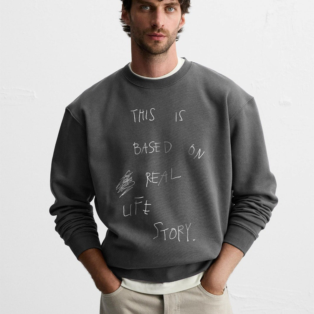 Bisiklet Yaka İçi Polar Life Story Yazı Baskılı Füme Oversize Sweatshirt