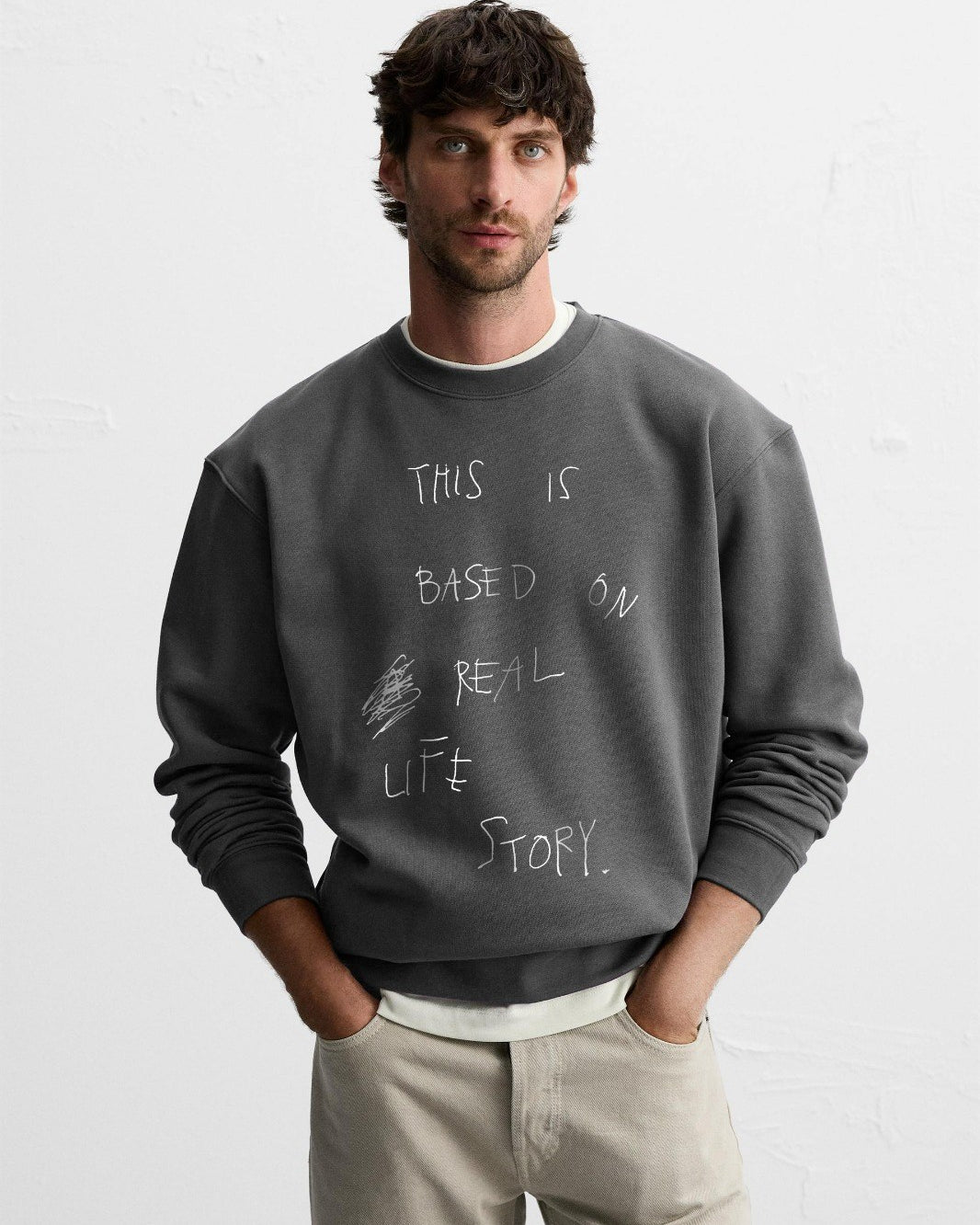 Bisiklet Yaka İçi Polar Life Story Yazı Baskılı Füme Oversize Sweatshirt