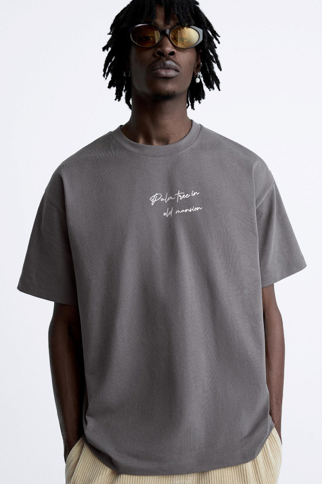 Bisiklet Yaka Palmiye Baskılı Oversize Füme Erkek T-shirt