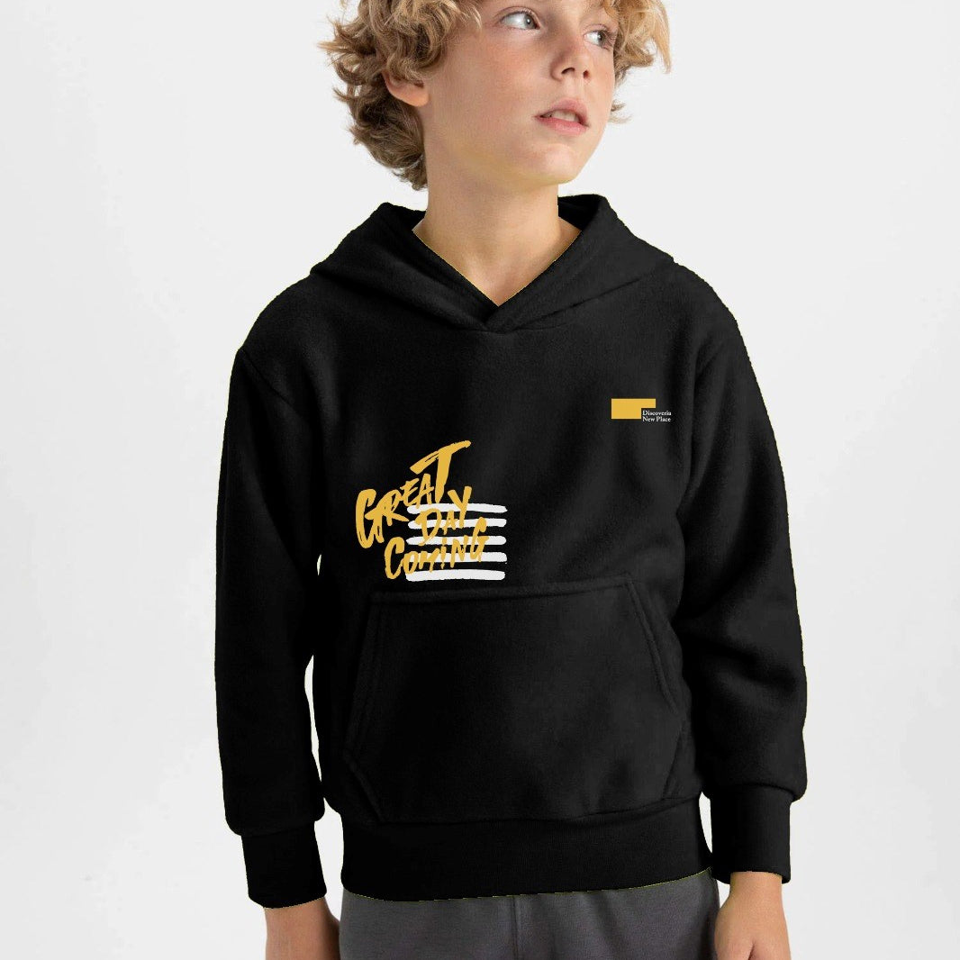Kapüşonlu İçi Polar Great Day Coming Yazı Baskılı Siyah Unisex Çocuk Hoodie Sweatshirt