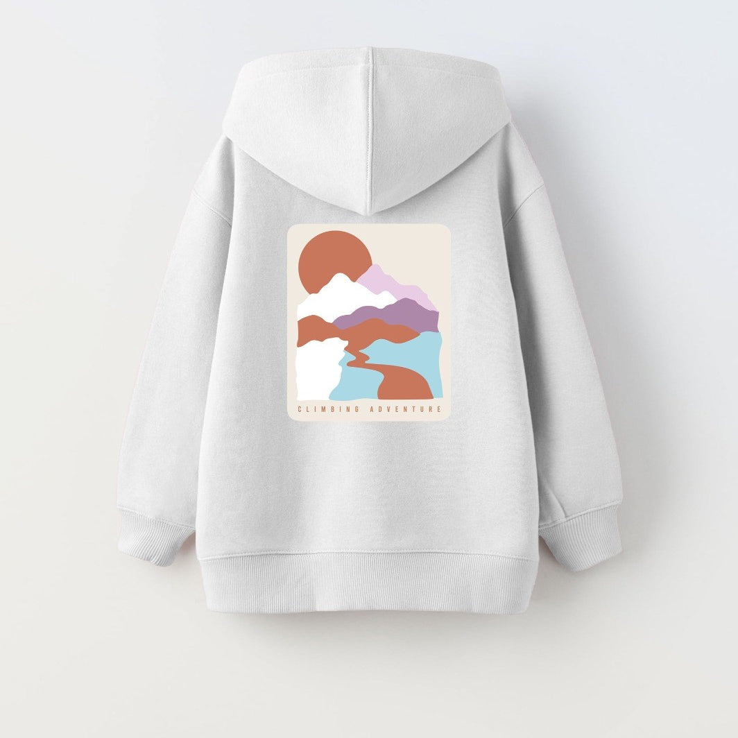 Beyaz Kapüşonlu İçi Polar Climbing Adventure Baskılı Unisex Çocuk Hoodie Sweatshirt
