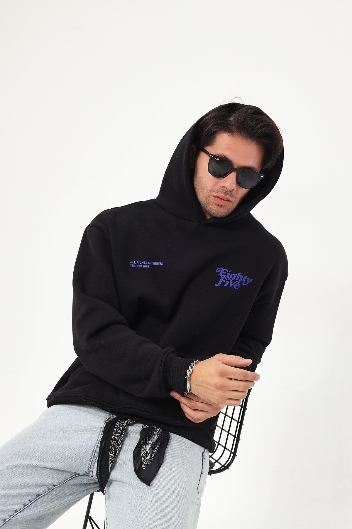 Kapüşonlu İçi Polar Eighty Five Yazı Baskılı Siyah Oversize Hoodie Sweatshirt