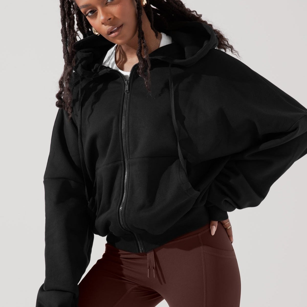 Kadın Siyah Kapüşonlu Ceket Sweatshirt Fermuarlı 3 İplik Şardonlu Oversize Kesim