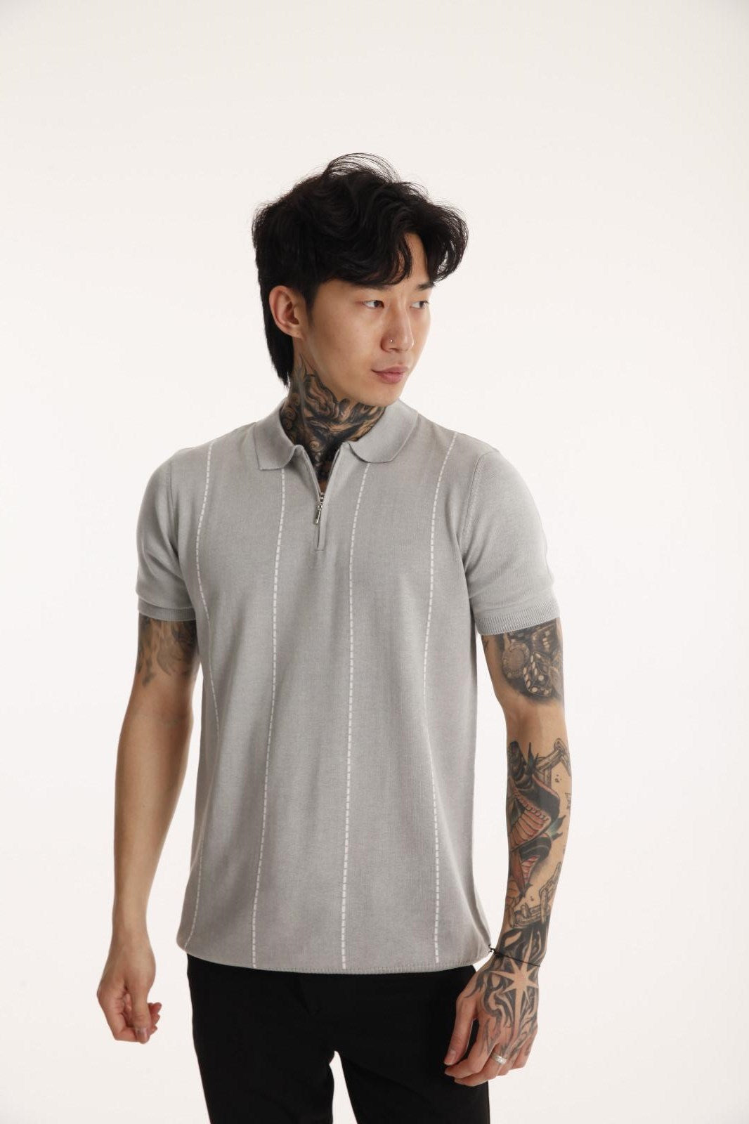 The Champ Polo Yaka Fermuarlı Beyaz Çizgili Triko Örme Gri Erkek T-shirt