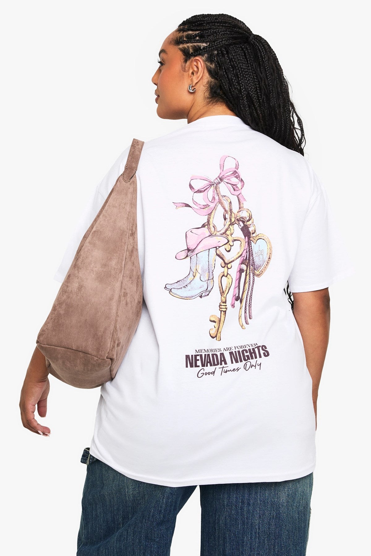 Büyük Beden Kadın Tişört %100 Pamuk Nevada Nights Baskılı Beyaz Oversize Yazlık