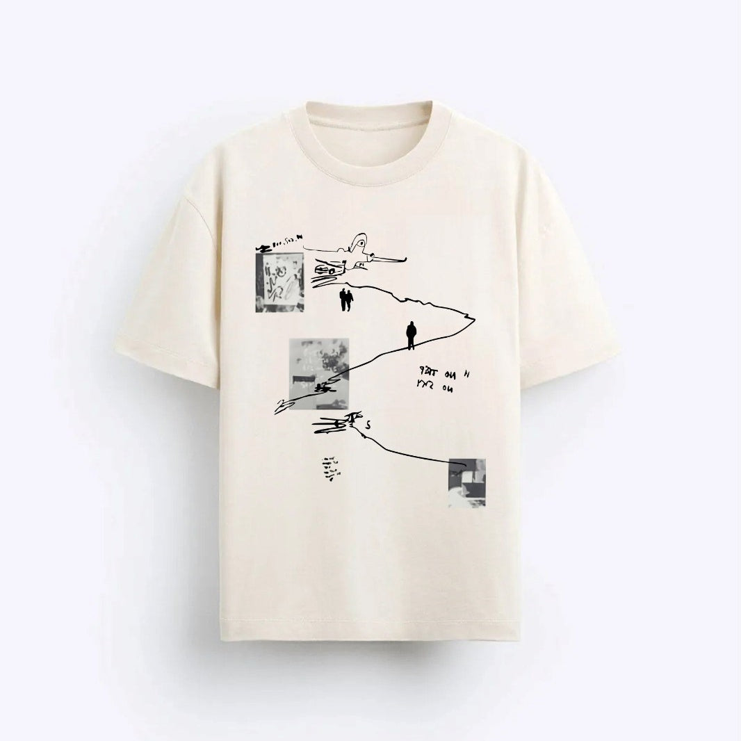 Art Work Baskılı Oversize Bej Erkek T-shirt