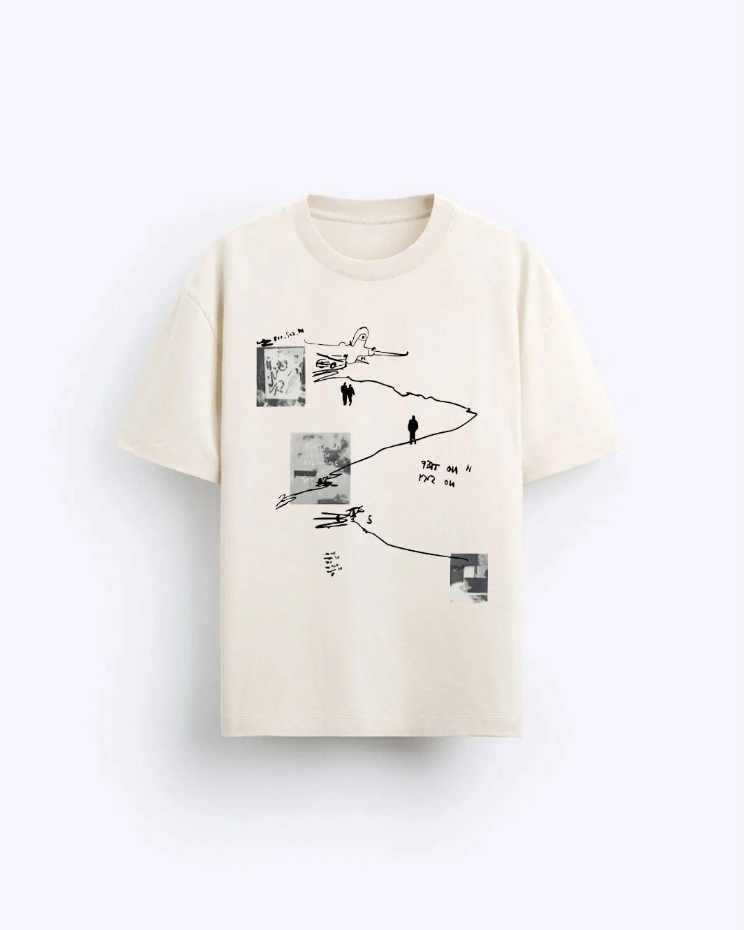 Art Work Baskılı Oversize Bej Erkek T-shirt