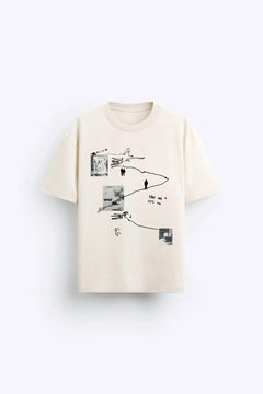 Art Work Baskılı Oversize Bej Erkek T-shirt