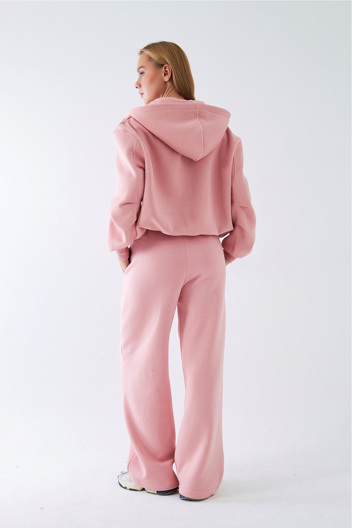 Kadın Oversize Eşofman Takımı Zip Pembe – Fermuarlı, Kapüşonlu, Bol Paça,  3 İplik Şardonlu Polar