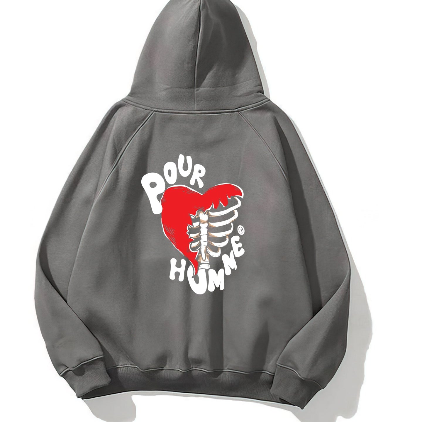 Kapüşonlu İçi Polar Kalp İskelet Baskılı Füme Unisex Hoodie Sweatshirt