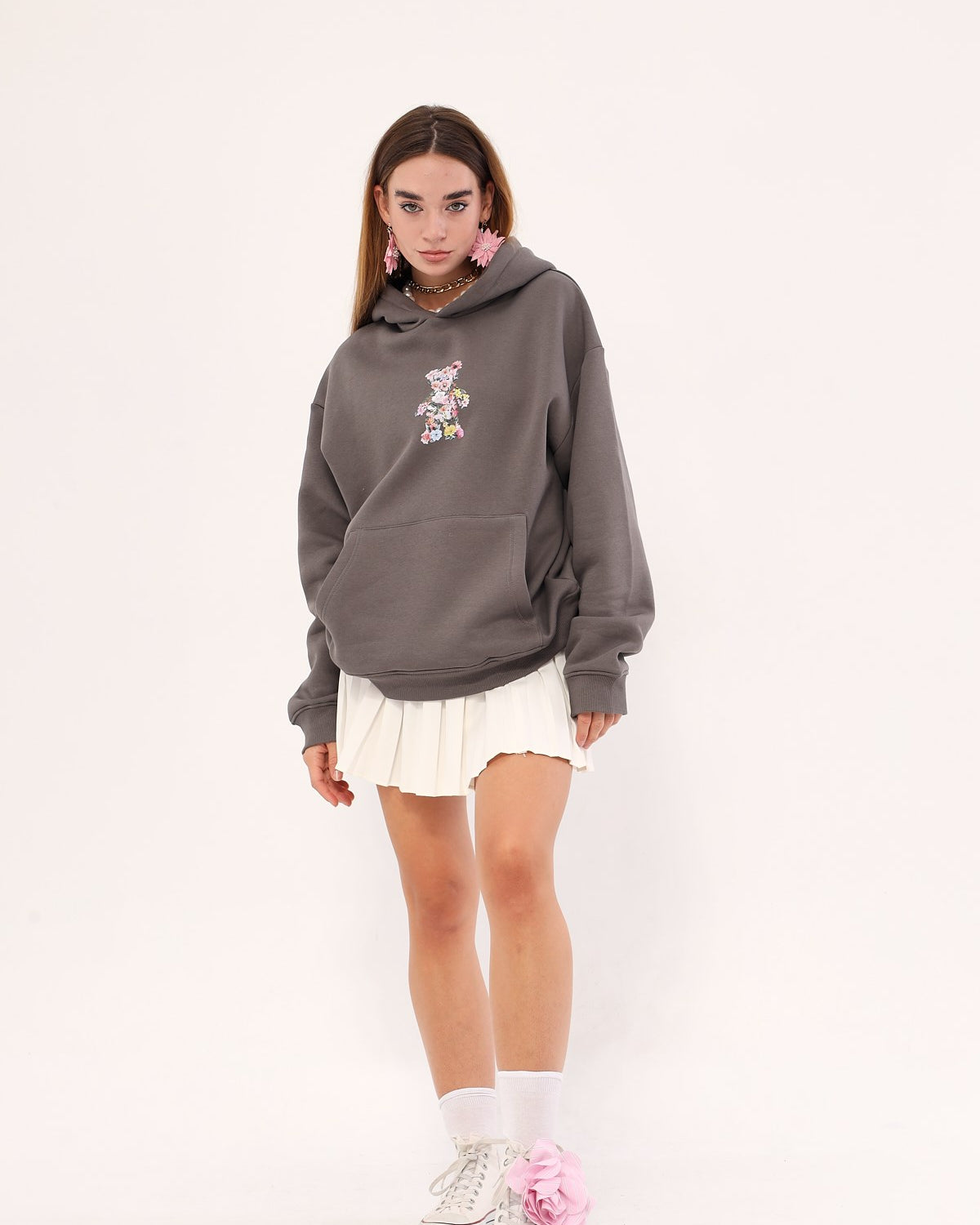 Kapüşonlu İçi Polar Çiçekli Teddy Bear Baskılı Füme Unisex Hoodie Sweatshirt