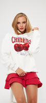 Kapüşonlu İçi Polar Cherries Yazılı Kiraz Baskılı Beyaz Oversize Hoodie Sweatshirt