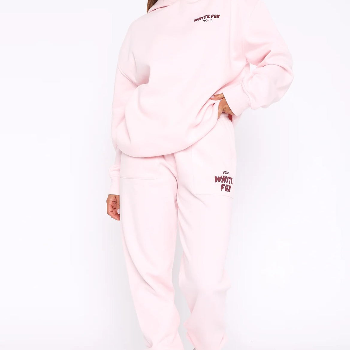 White Fox Kadın Pembe Bel Lastikli Cepli Vol 3 Baskılı Paça Lastikli Eşofman Takımı