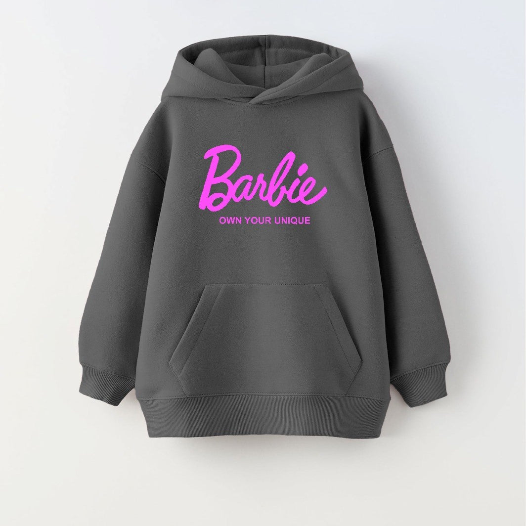 Kapüşonlu İçi Polar Barbie Own Your Unique Yazı Baskılı Füme Unisex Çocuk Hoodie  Sweatshirt