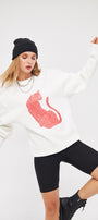 Bisiklet Yaka İçi Polar Leopar Baskılı Beyaz Oversize Sweatshirt