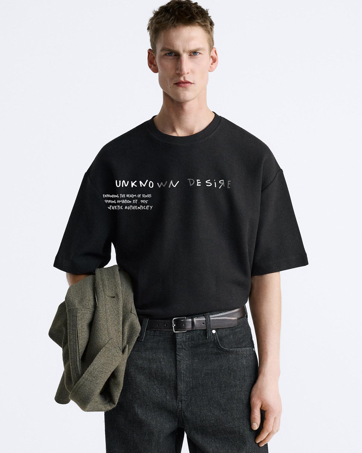 Bisiklet Yaka Unknown Desire Baskılı Oversize Siyah Erkek T-shirt