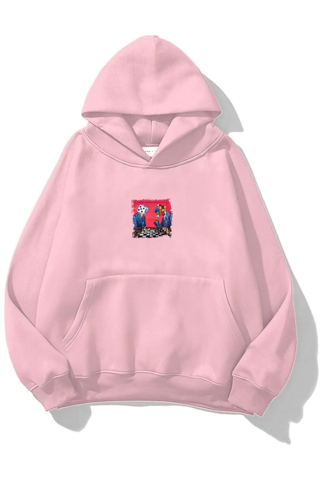 Kapüşonlu İçi Polar Satranç Baskılı Pembe Unisex Oversize Hoodie Sweatshirt