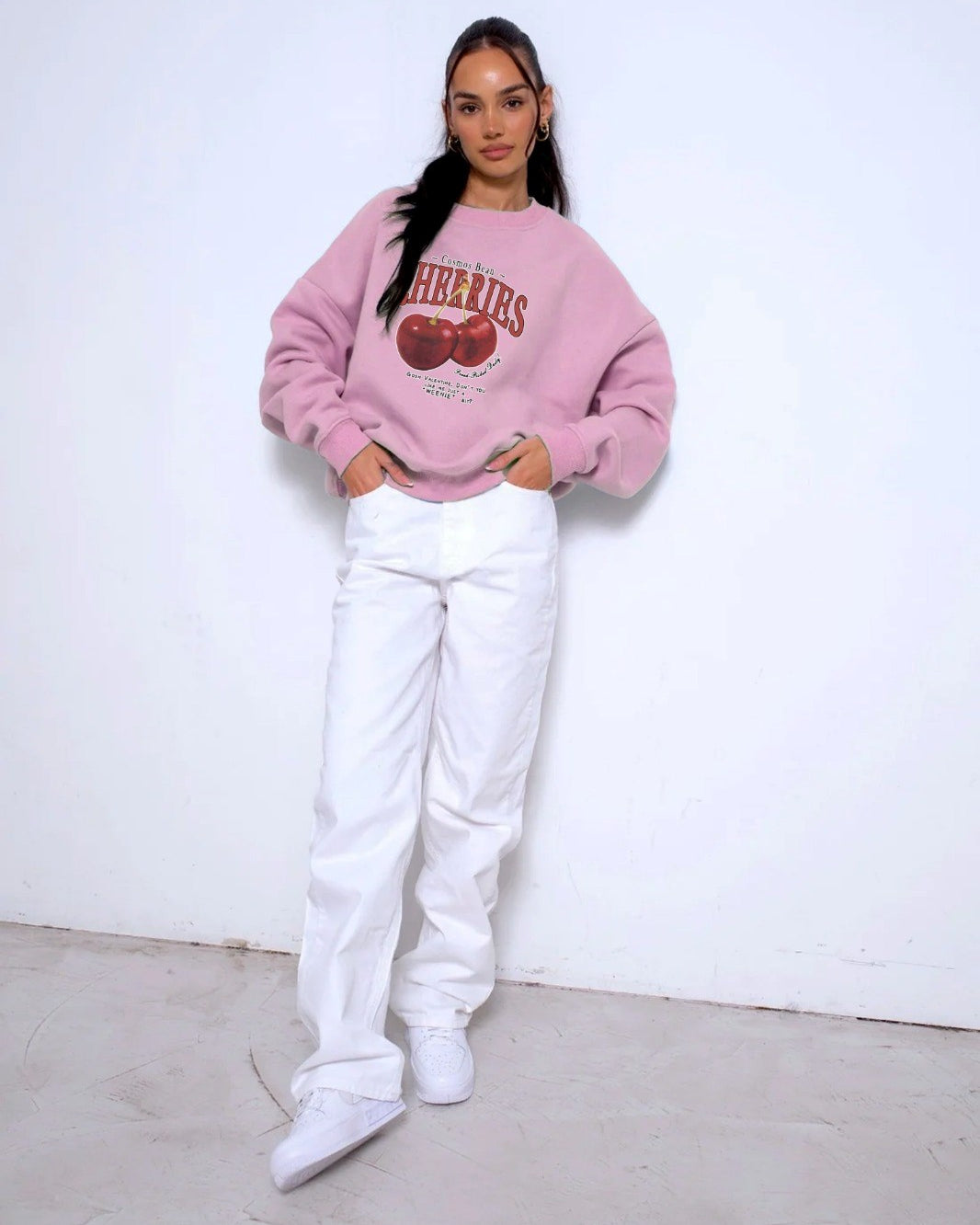 Bisiklet Yaka İçi Polar Cherries Baskılı Pembe Oversize Sweatshirt