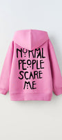 Kapüşonlu İçi Polar Normal People Scare Me Baskılı Pembe Unisex Hoodie Çocuk Sweatshirt