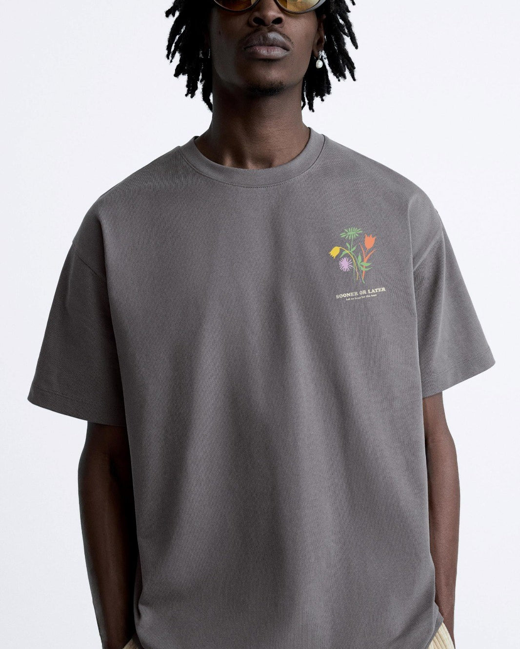 Sooner Or Later Yazılı Lale Tasarım Baskılı Oversize Füme Erkek T-shirt