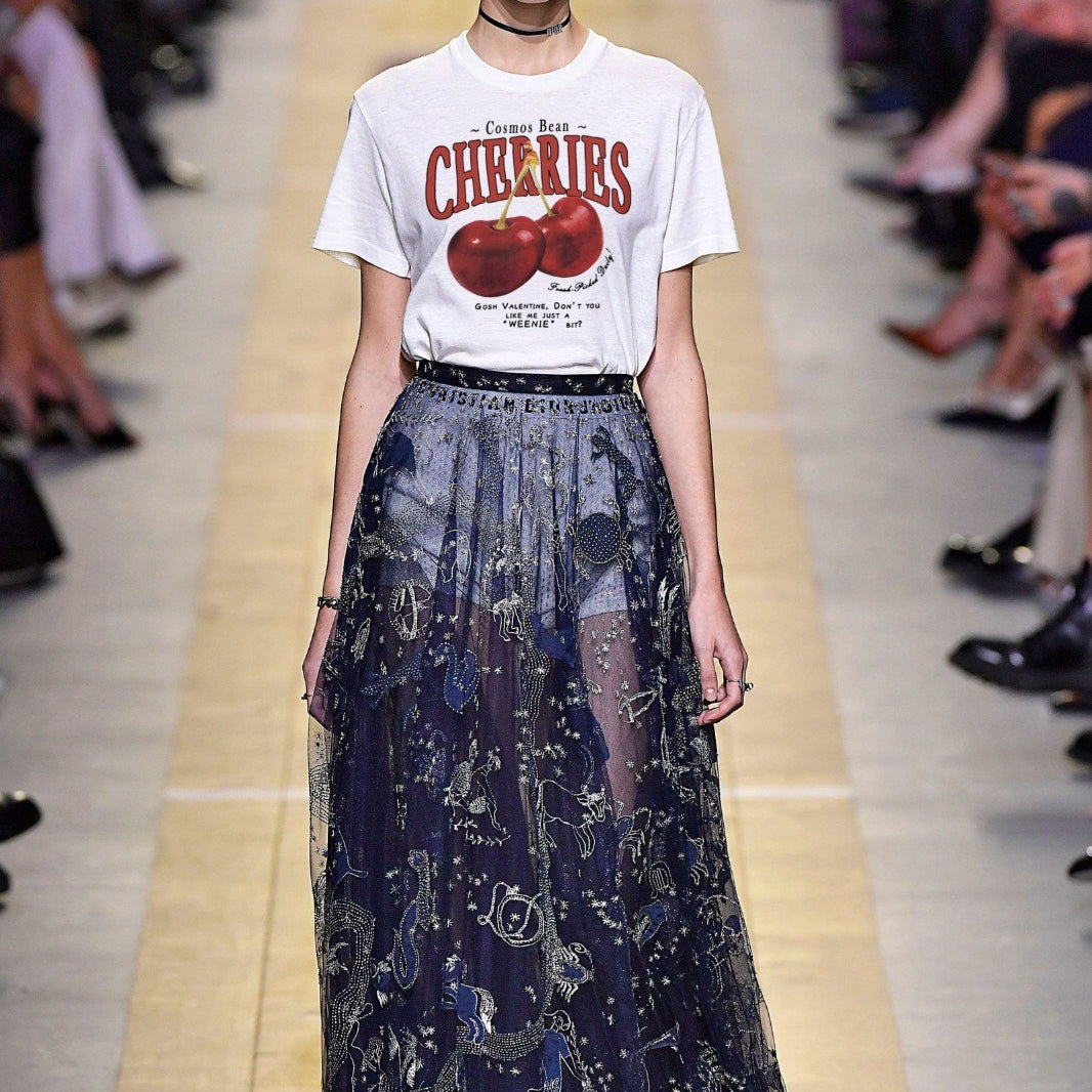 Cherries Yazılı Kiraz Tasarım Baskılı Beyaz Kadın T-shirt