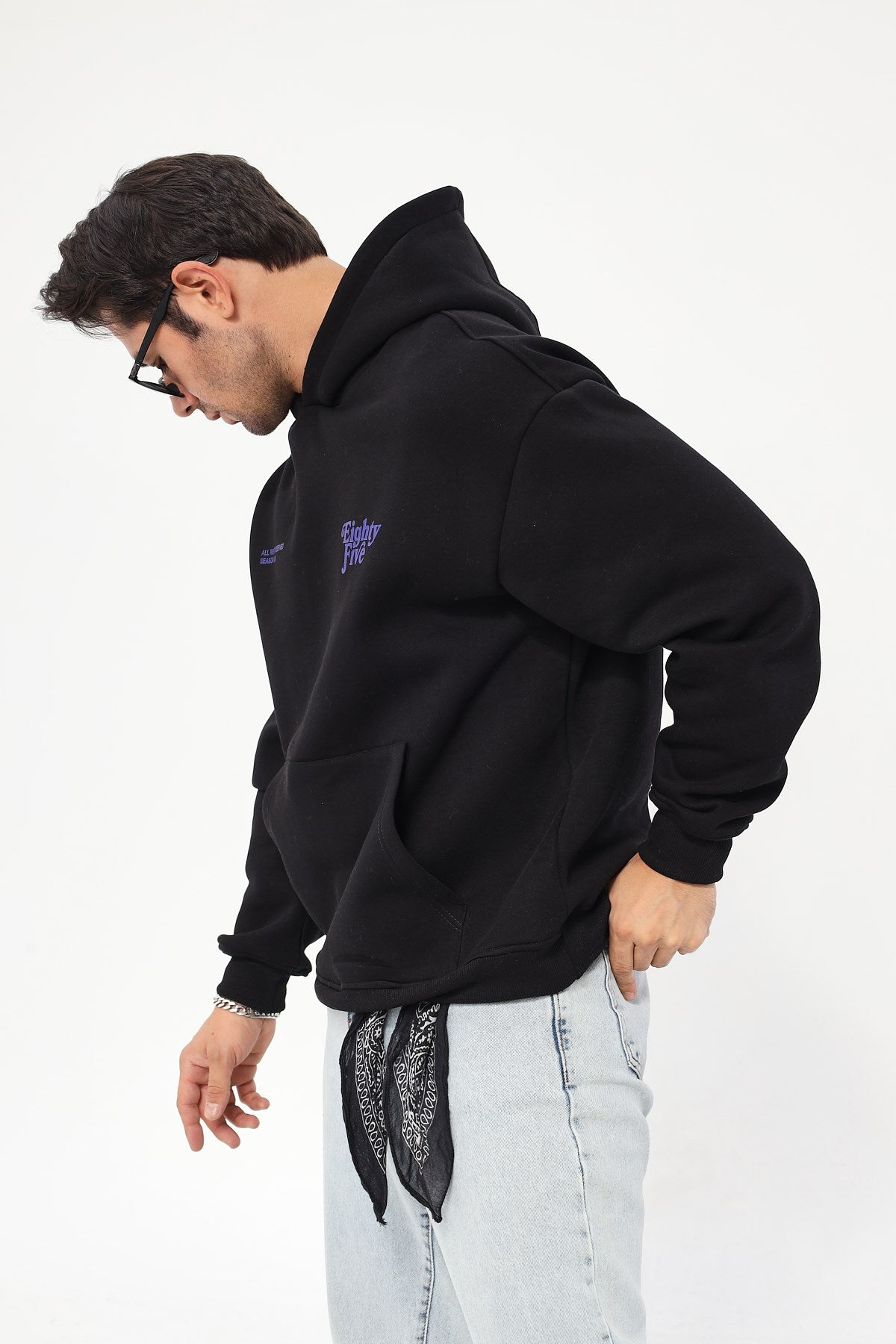 Kapüşonlu İçi Polar Eighty Five Yazı Baskılı Siyah Oversize Hoodie Sweatshirt