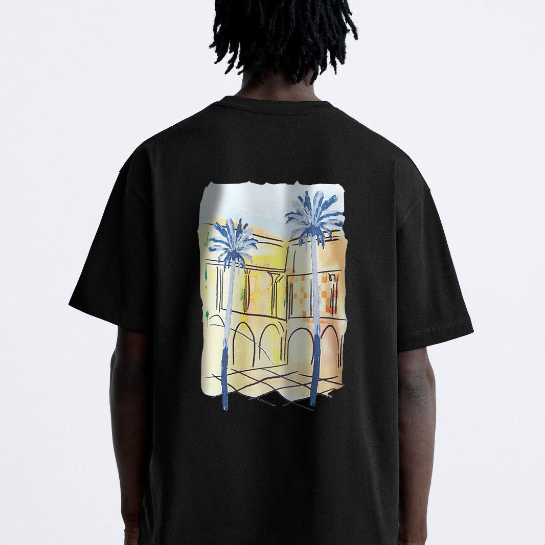 Bisiklet Yaka Palmiye Baskılı Oversize Siyah Erkek T-shirt