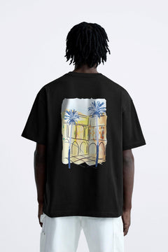 Bisiklet Yaka Palmiye Baskılı Oversize Siyah Erkek T-shirt