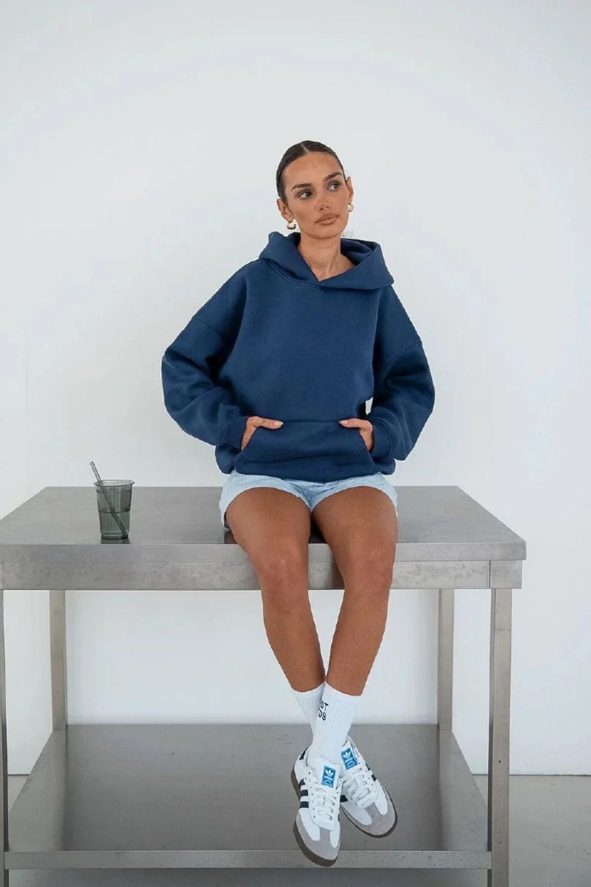 Kapüşonlu Içi Polar İndigo Unisex Oversize Hoodie Sweatshirt