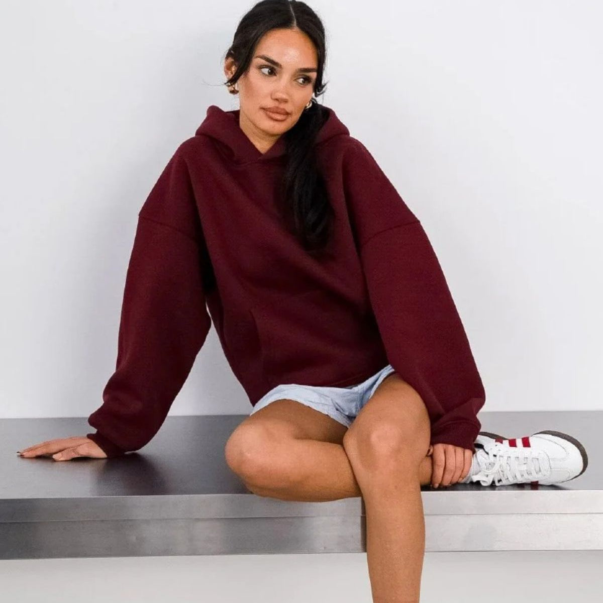 Kapüşonlu Içi Polar Bordo Unisex Oversize Hoodie Sweatshirt