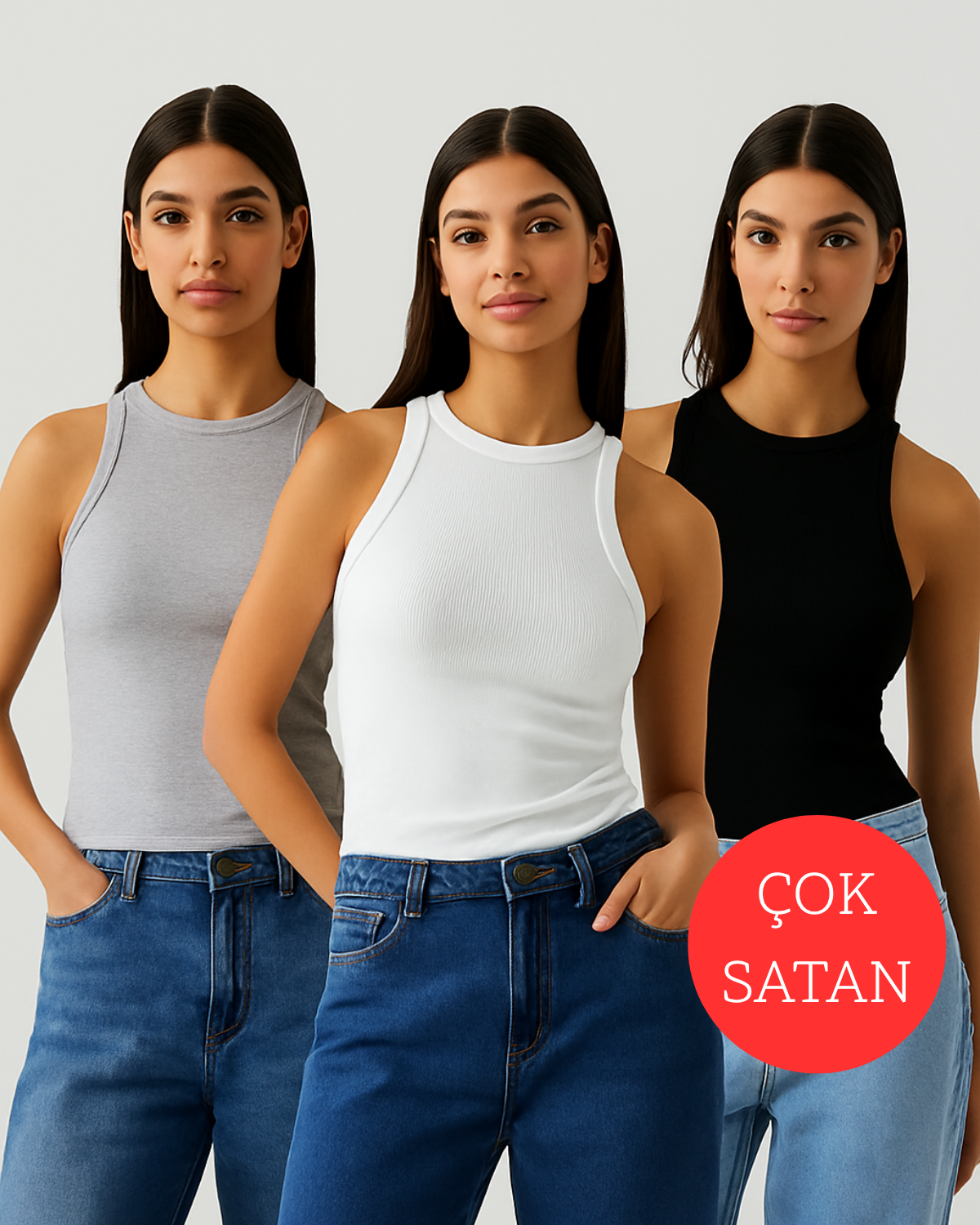 3'lü Halter Yaka Atlet Seti (Beyaz, Siyah, Gri)