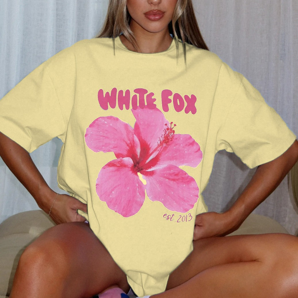 Hibiscus Çiçek Baskılı White Fox Kadın Tişört Günlük Rahat Kesim Sarı