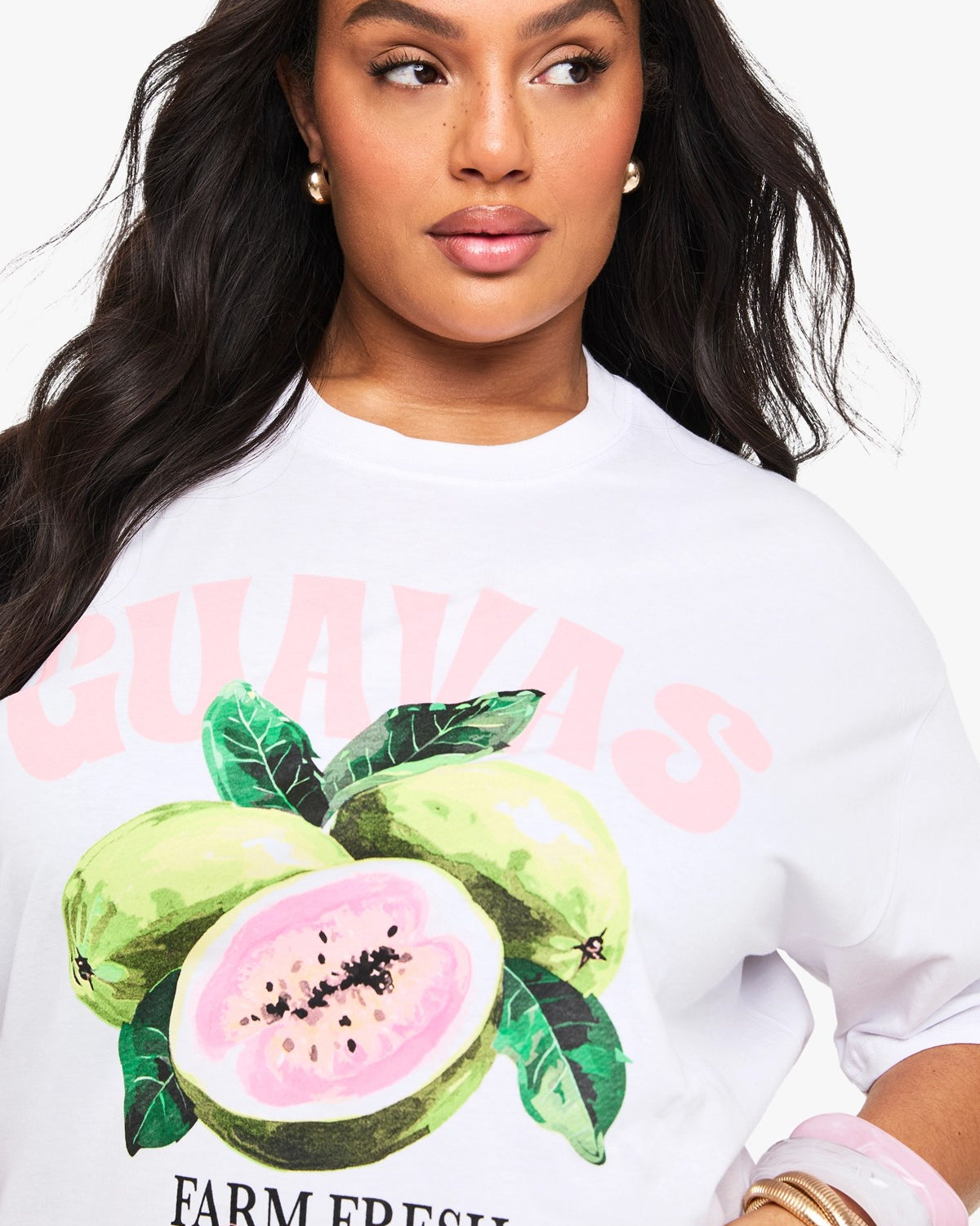 Büyük Beden Kadın Tişört %100 Pamuk Beyaz Oversize Guava Meyve Baskılı Yazlık