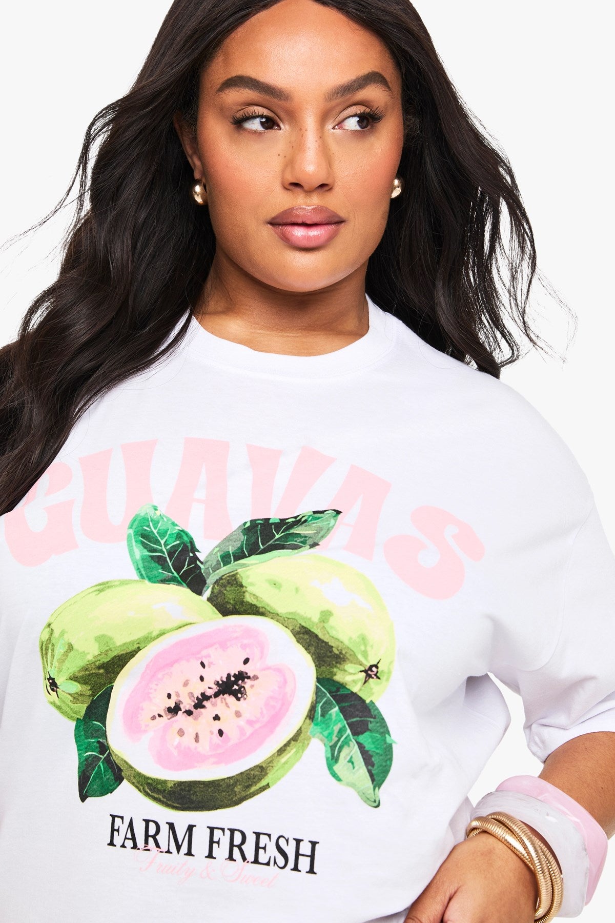 Büyük Beden Kadın Tişört %100 Pamuk Beyaz Oversize Guava Meyve Baskılı Yazlık