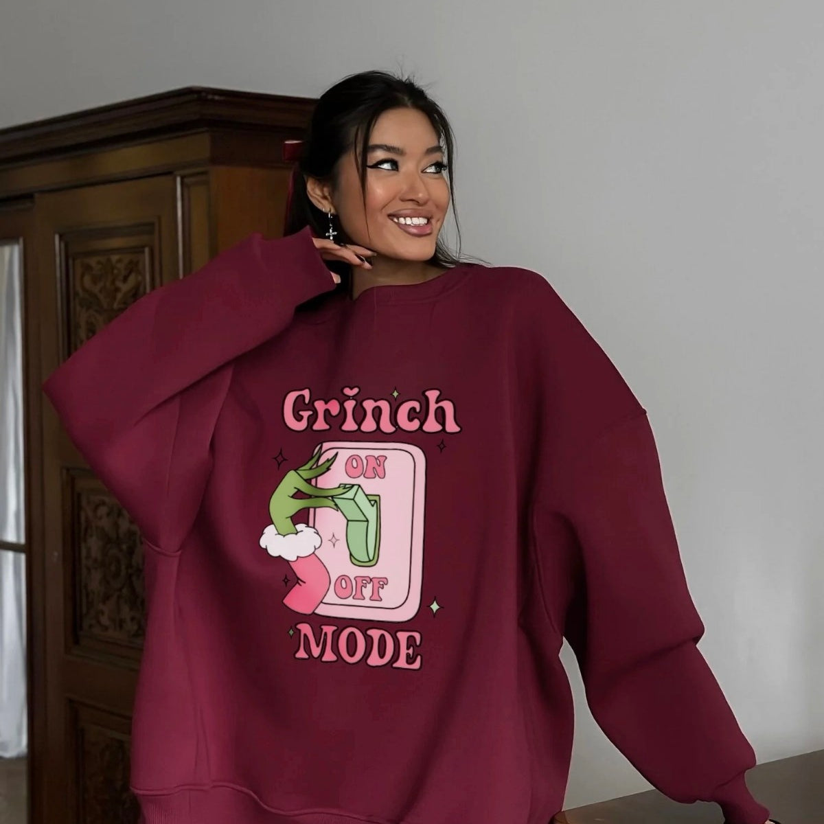 Kadın Oversize Sweatshirt Elbise Grinch Mode Baskılı Bordo – Bisiklet Yaka, 3 İplik Şardonlu Polar