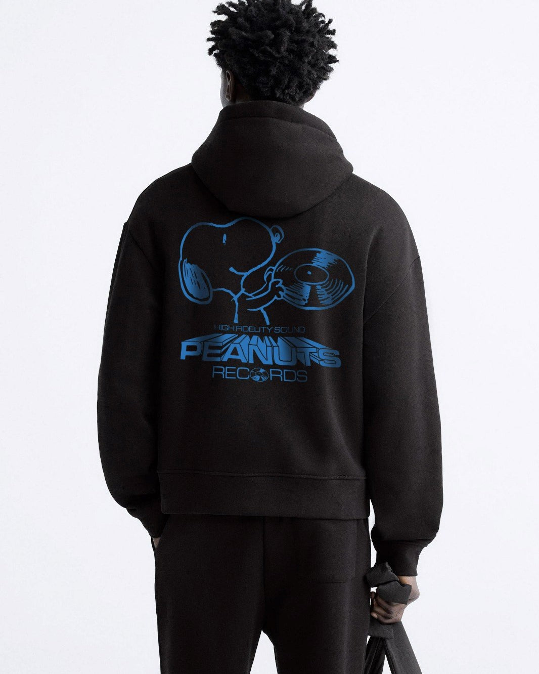 Kapüşonlu İçi Polar Peanuts Yazılı Snoopy Desen Baskılı Siyah Oversize Hoodie Sweatshirt