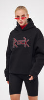Kapüşonlu İçi Polar Rock Yazılı Taş Baskılı Siyah Oversize Hoodie Sweatshirt
