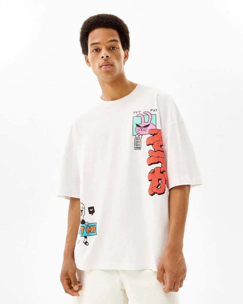 Bad Guy Yazılı Karikatür Tasarım Baskılı Beyaz Oversize Erkek T-shirt