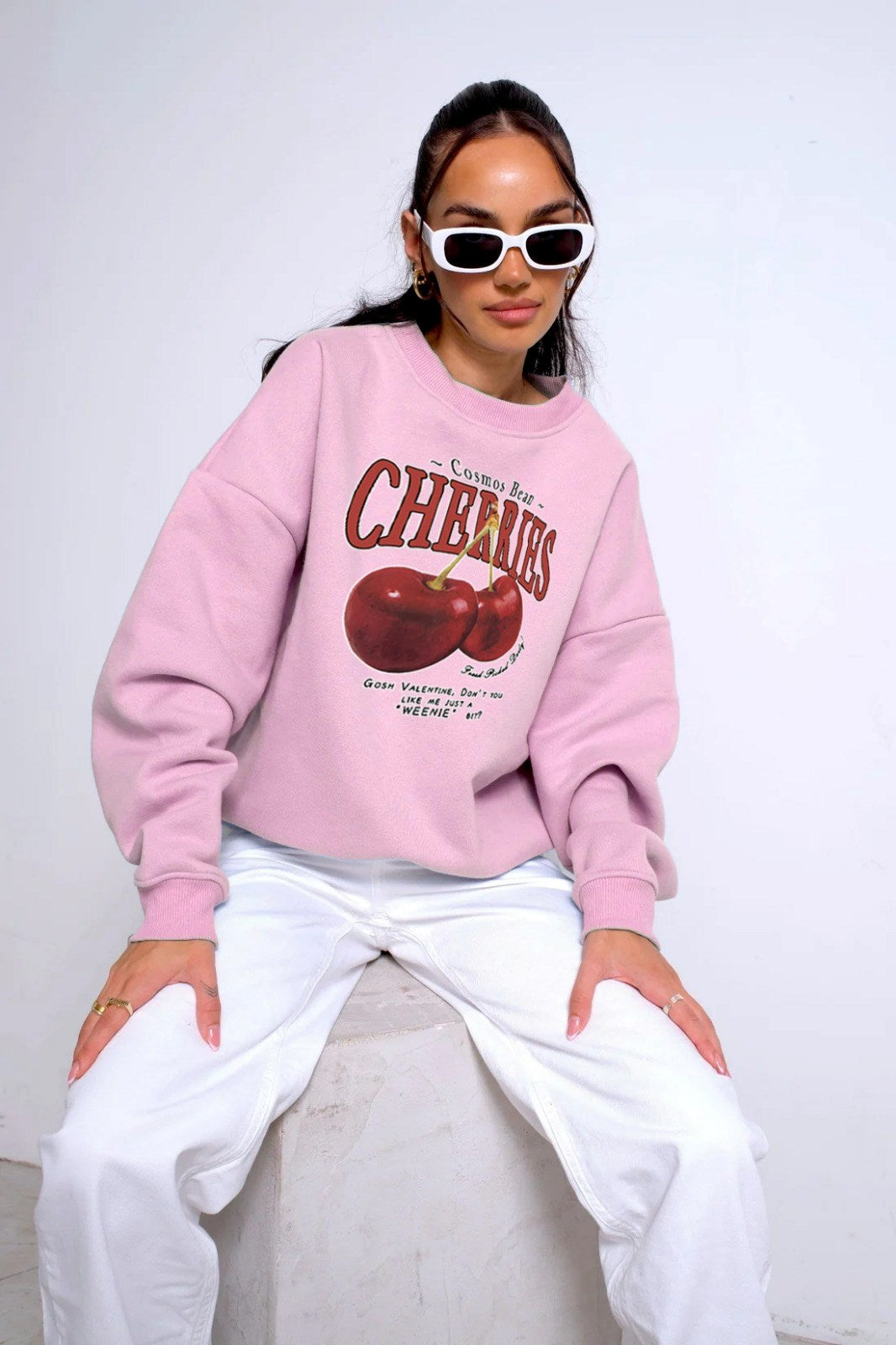 Bisiklet Yaka İçi Polar Cherries Baskılı Pembe Oversize Sweatshirt