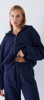 Kadın Oversize Zip Hoodie Lacivert – Fermuarlı, Kapüşonlu, Kangru Cep,  3 İplik Şardonlu Polar