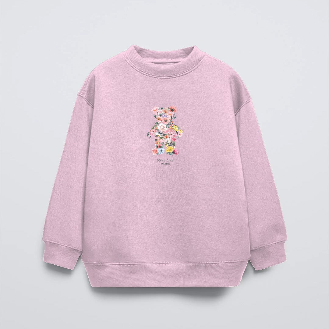 Pembe Çocuk Çiçekli Ayıcık Baskılı Bisiklet Yaka Oversize Sweatshirt