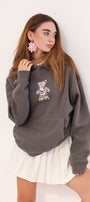 Kapüşonlu İçi Polar Çiçekli Teddy Bear Baskılı Füme Unisex Hoodie Sweatshirt