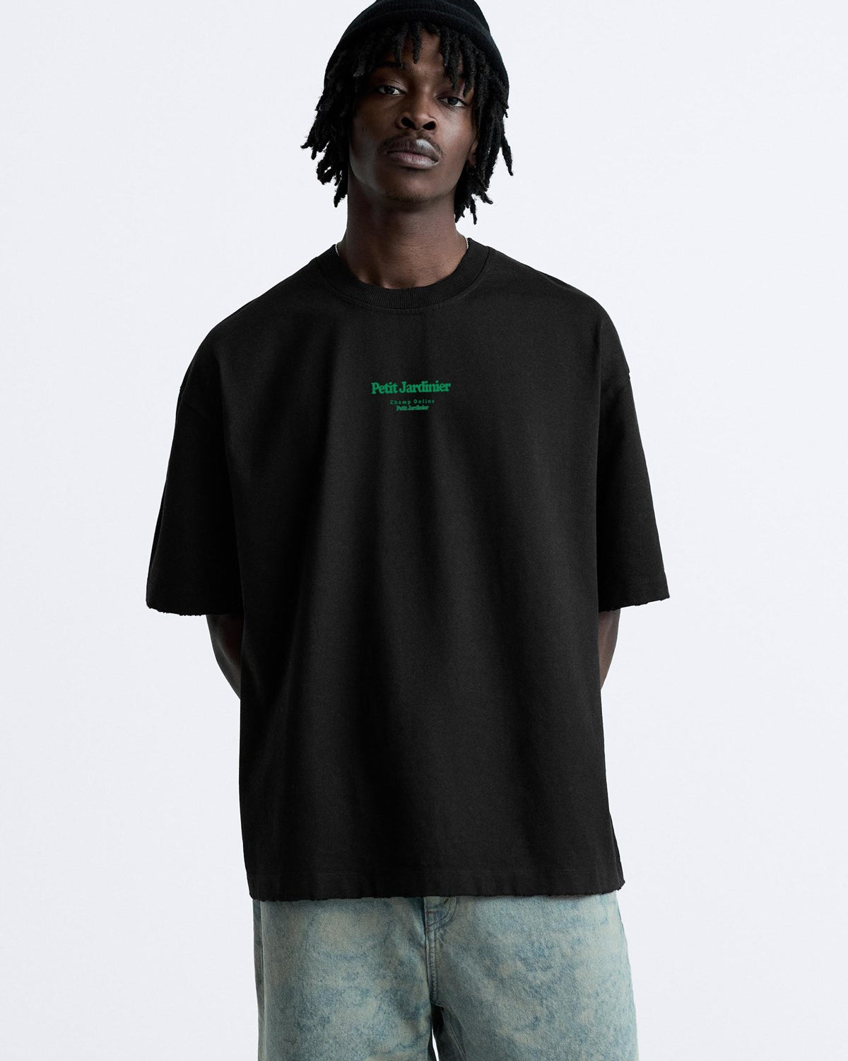 Bisiklet Yaka Petit Jardinier Baskılı Oversize Siyah Erkek T-shirt