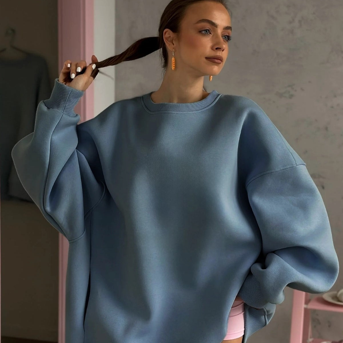 Kadın Oversize Sweatshirt Elbise Basic Marine – Bisiklet Yaka, 3 İplik Şardonlu Polar