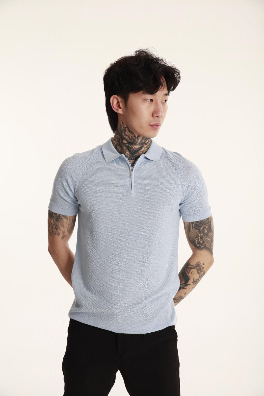 The Champ Polo Yaka Fermuarlı Triko Örme Mavi Erkek T-shirt